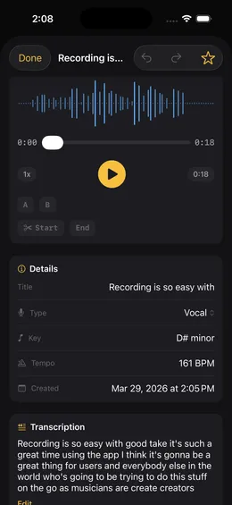 Good Take idea detail showing detected key, BPM, and transcription results