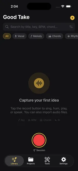 Good Take iOS app library showing musical ideas organized by key, BPM, and tags
