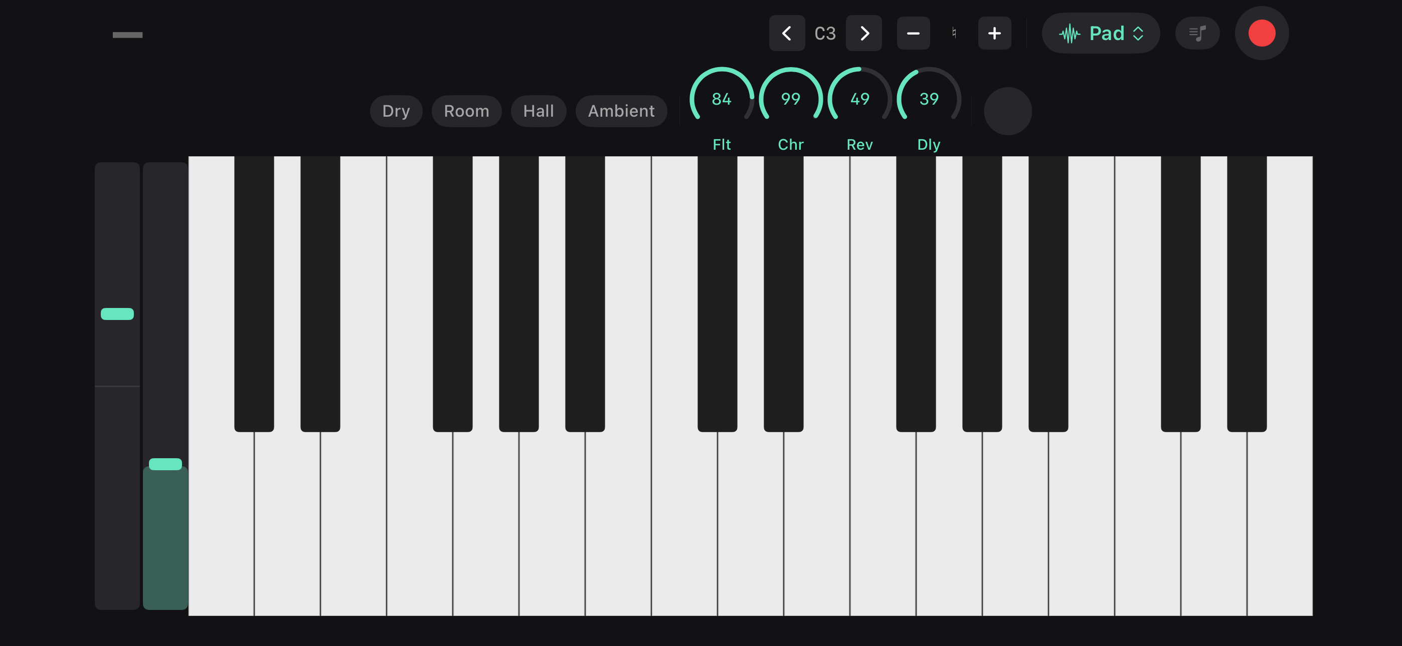 Full-screen keyboard in landscape mode with pitch bend, mod wheel, and effects
