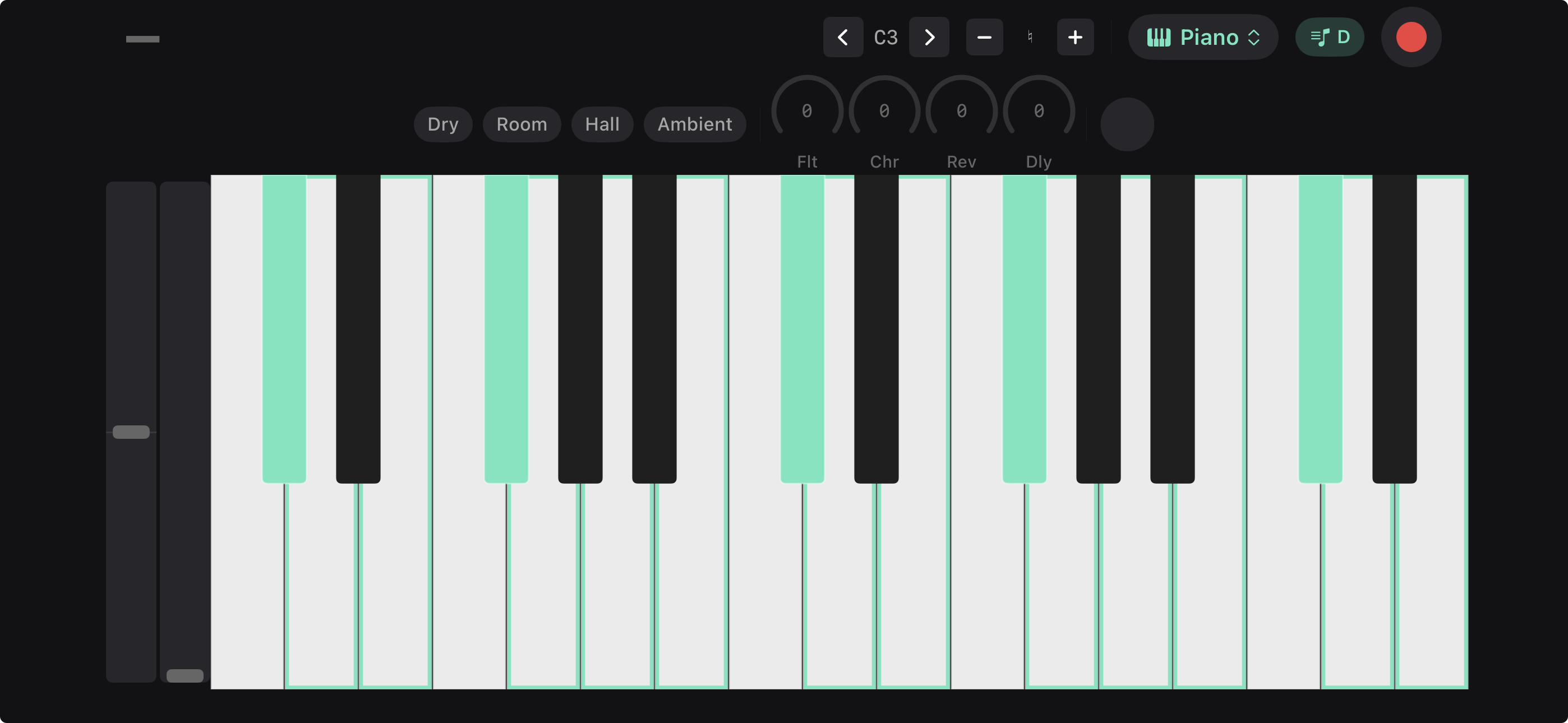 Keyboard with scale lock enabled in D major