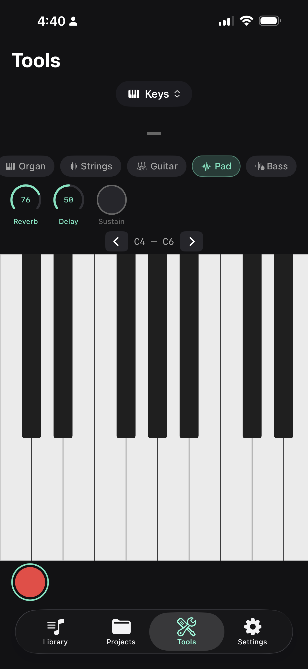 Keyboard in portrait mode with instruments and effects